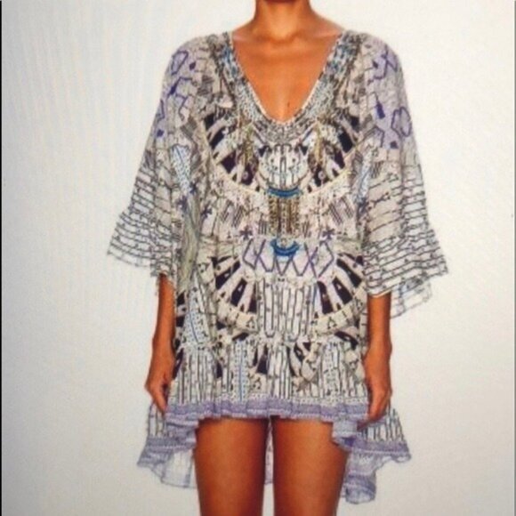 Camilla Cream Blue Patterned Boho Luxe Top Women’s XS Resort Artsy Glam Chic‎ - Picture 3 of 17